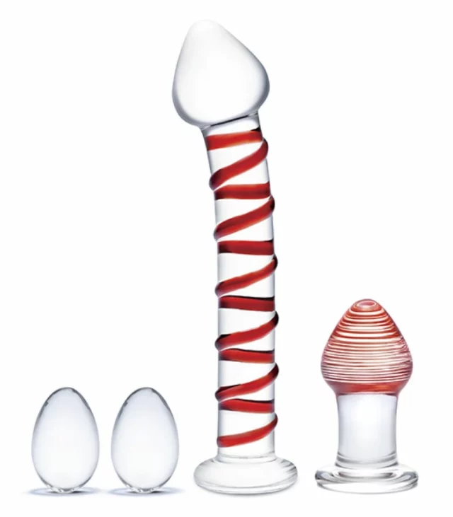 Szklane dildo, korek analny i jajeczka - Glas Mr. Swirly Set