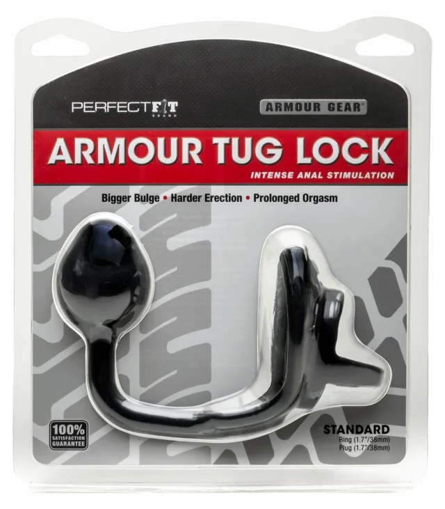 Pierścień na penisa z plugiem - Perfect Fit Armour Tug Lock Black Czarny