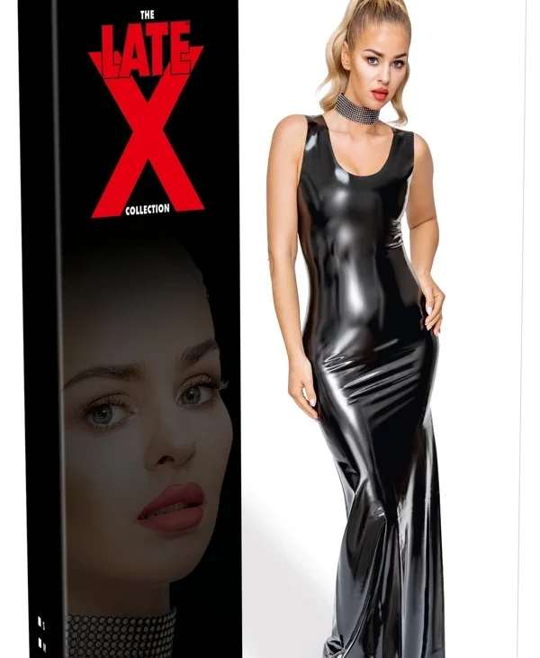 LATE X - Długa Seksowna Taliowana Sukienka Z Lateksu Czarna XL