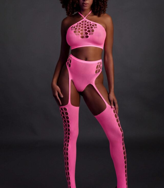 Two Piece with Crop Top and Stockings - Pink - XS/XL